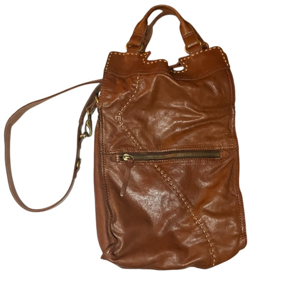 Lucky Brand Abbey Road Foldover Bag Brown Whiskey Leather Whipstitch - Picture 4 of 6